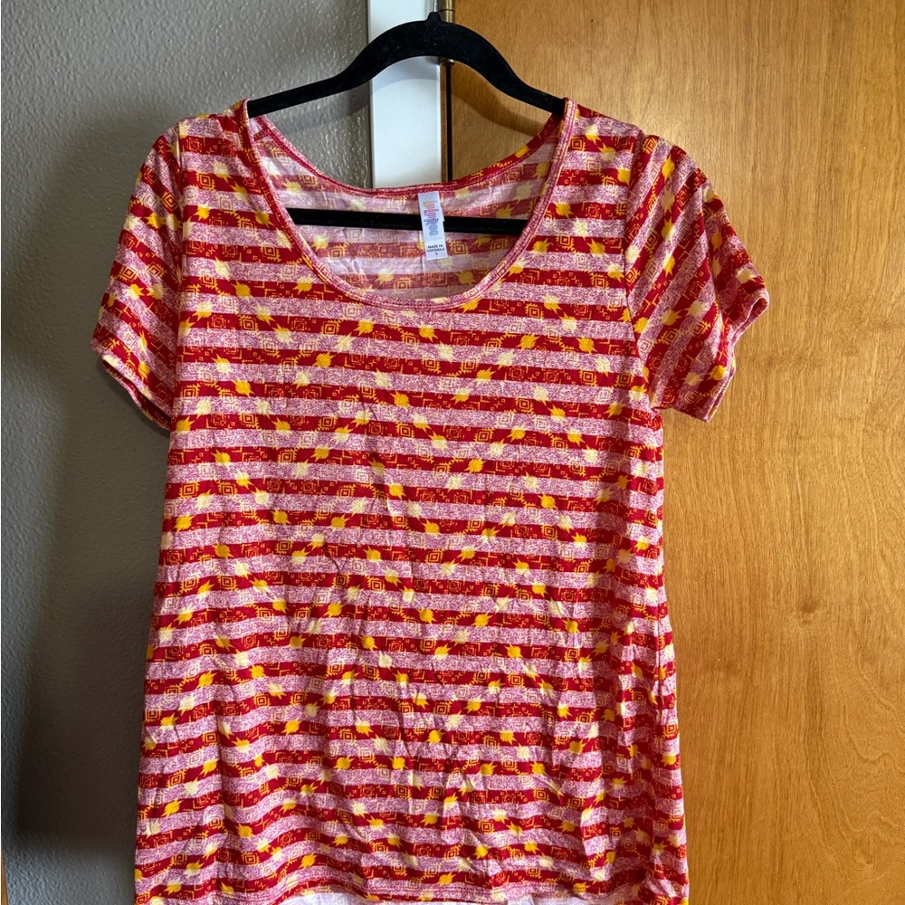 LuLaRoe Red and Pink Striped Short-Sleeve Top with Yellow Floral Detail